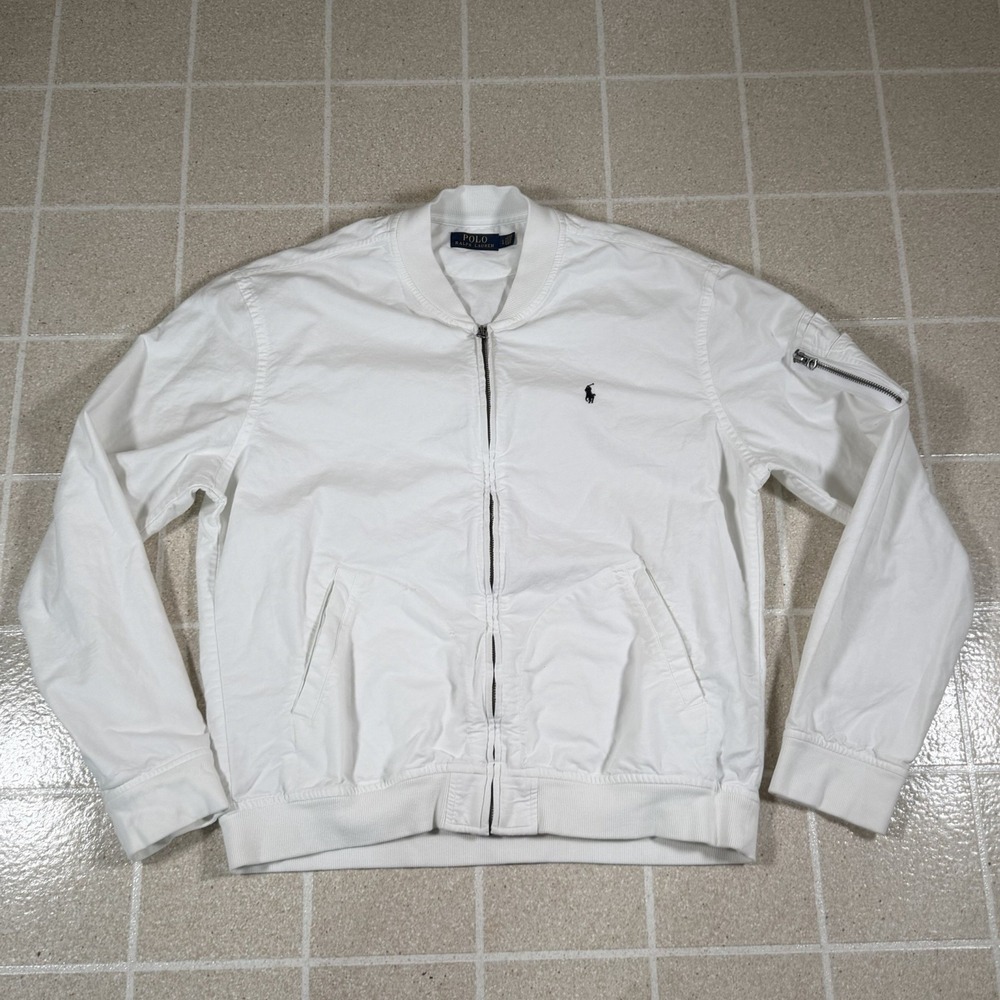 Polo Ralph Lauren Bomber Jacket White Light Cotton Military Sz L Harrington
